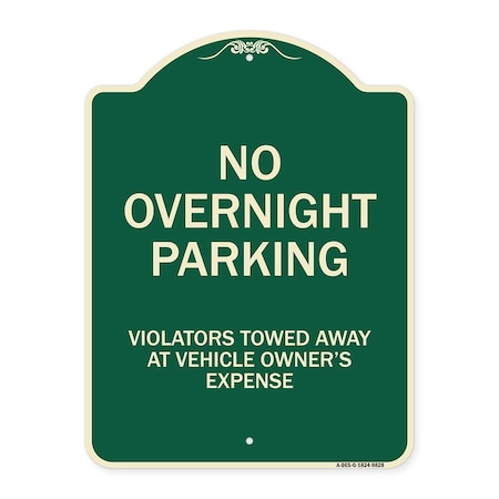 Signmission Designer Series-No Overnight Parking, Green Heavy-Gauge Aluminum, 24" x 18", G-1824-9828 A-DES-G-1824-9828